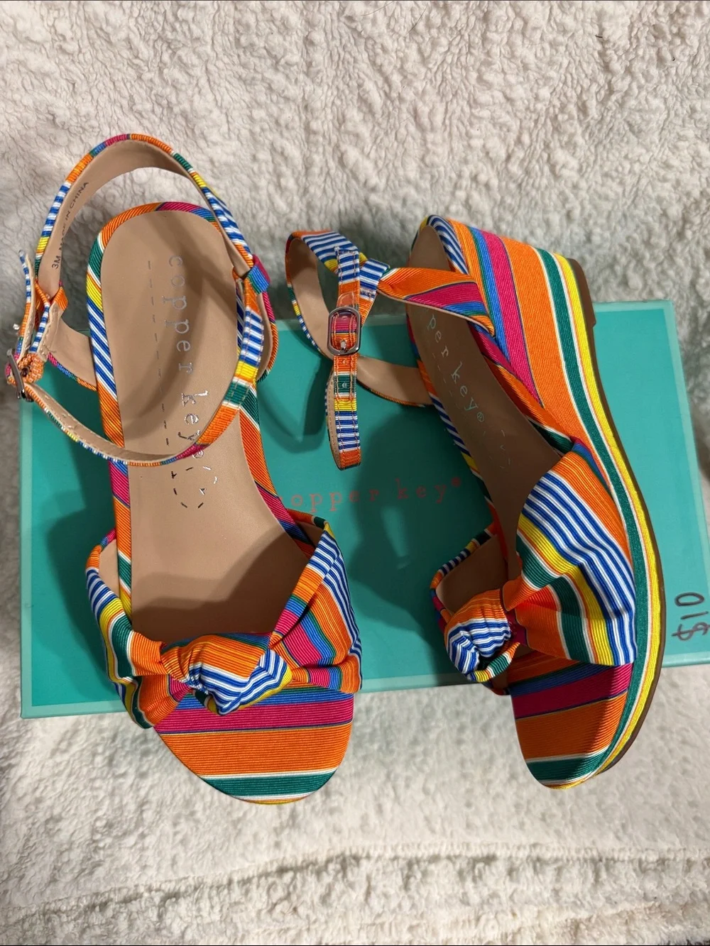 Copper Key Orange Multi Striped Wedge Sandals with Ankle Strap
